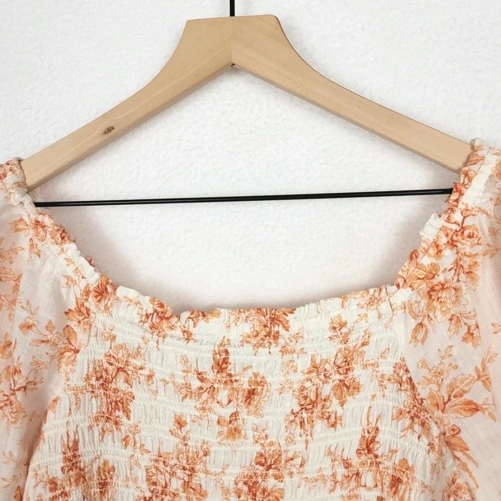 Loft Toile Smocked Peplum Blouse M Orange‎ Square Neck Puff Sleeves Peasant Boho